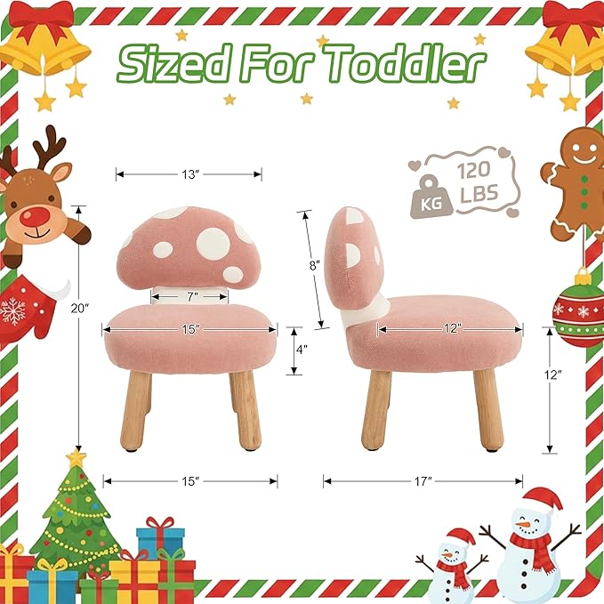 Pink Kids Chairs Toddler Chair Comfy Chenille Toddler Couch Sofa, Armless Boys Girls Desk Chairs, Upholstered Muchroom Kid Reading Chairs, Girls Desk Chair for Bedoom/Playroom/Gifts, Pink