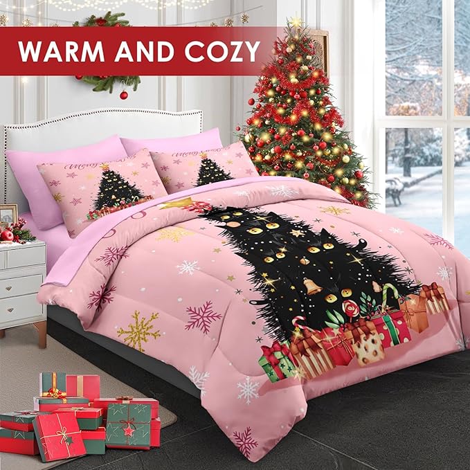 7 Pcs Full Size Christmas Comforter Set with 2 Pillowcases & 2 Shams, Black Cat Xmas Trees Bedding for Kids and Adults, Pink Snowflakes Bed in a Bag with Flat Fitted Sheet