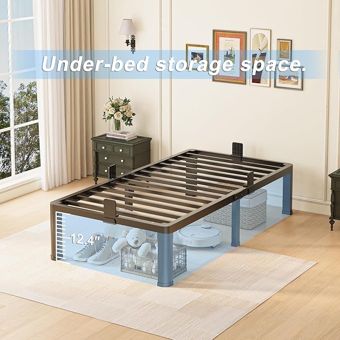 14 inch Twin Bed Frame with Round Corner Legs Mattress Slide Stopper,3500 lbs Heavy Duty Metal Platform,No Box Spring Needed,Steel Slat Support,Easy Assembly,Noise Free