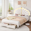Keyluv Queen Princess Bed Frame with Storage Drawers, Soft Velvet Upholstered LED Platform Bed with Adjustable Modern Shell Headboard, No Box Spring Needed, Noise-Free, Beige