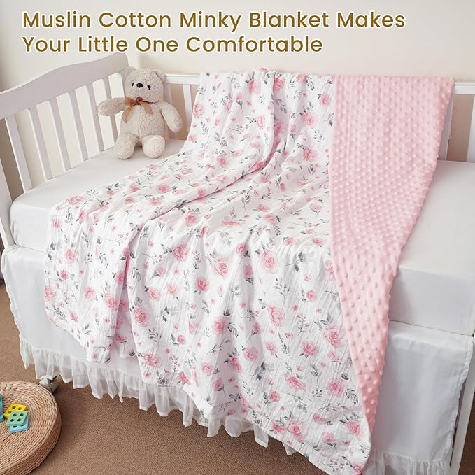 david's kids Muslin Minky Baby Blanket for Girls with Muslin Cotton Front and Dotted Fleece Backing, Breathable and Soft Lightweight Receiving Blanket for Newborns, 40x50 Inches, Floral
