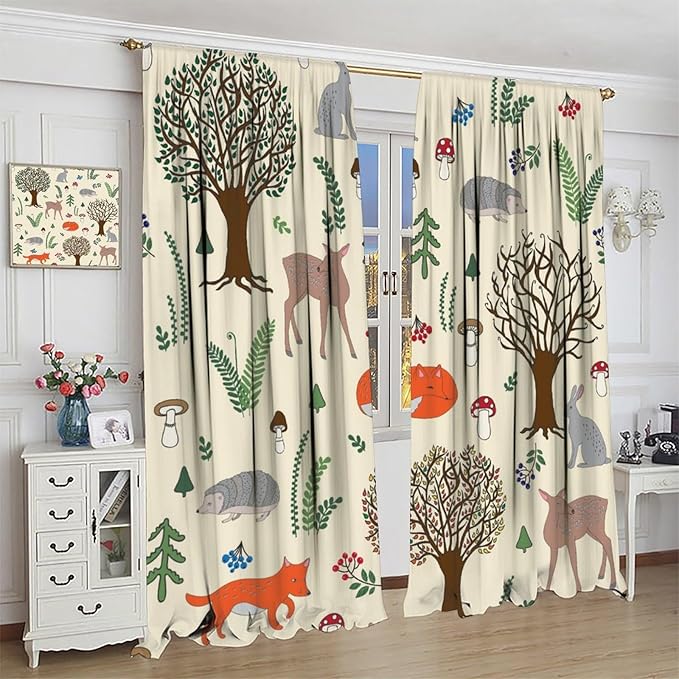 Kids Forest Animal Curtains, Rustic Cute Wild Animal Fox Deer Hedgehog Window Treatments Farmhouse Woodland Window Drapes for Girls Boys Nursery Toddler Bedroom 63x72in