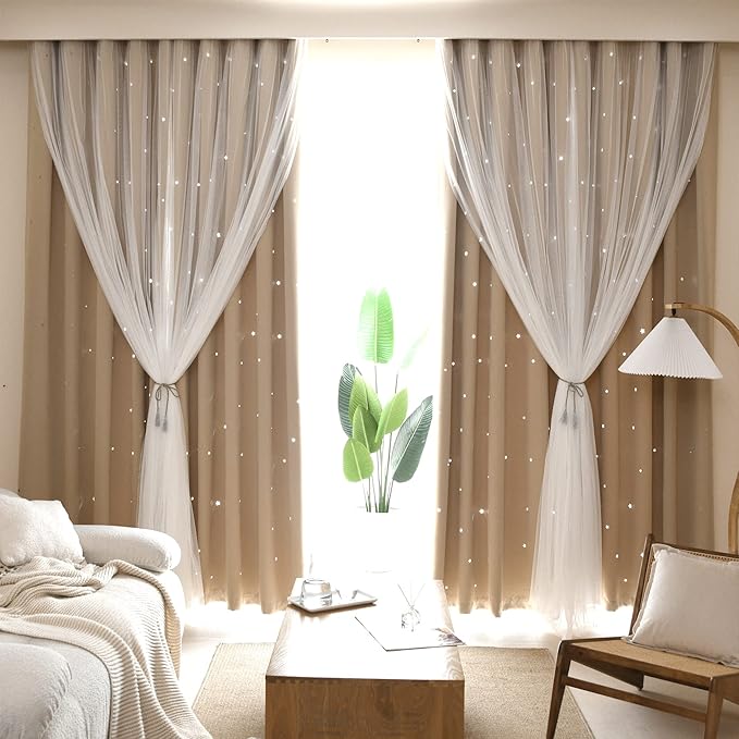 Kinryb Kids Blackout Curtains for Bedroom/Living Room/Classroom, Sheer Overlay 84 Inches 2 Panel Set, Double Layer Curtains with Star Cutout for Kids Room(W 52 x L 84 Inches,Beige 2 Pcs)