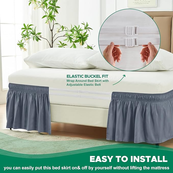 Biscaynebay Wrap Around Bed Skirts for Full & Full XL Beds Short Drop of 12", Dark Grey Adjustable Elastic Dust Ruffles Easy Fit Wrinkle Resistant Silky Luxurious Fabric Machine Washable