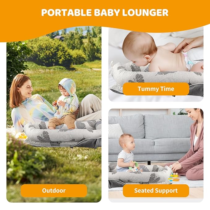 Baby Lounger, Foldable Cotton Baby Lounger Pillow for Newborn, Breathable & Soft Baby Nest for Home and Easy Travel, 0-12 Months Baby Nest Lounger Ideal Baby Essential Shower Gifts
