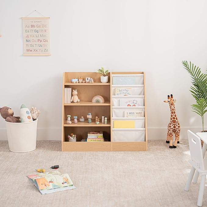 Comfy Cubs Kids Bookshelf 35.2 x 15.7 x 31.5 Inches - Sturdy MDF Montessori Book Shelf with Soft & Hard Shelves for Toys & Books - Child-Friendly, Easy Access Storage Organizer for Kids - Wood