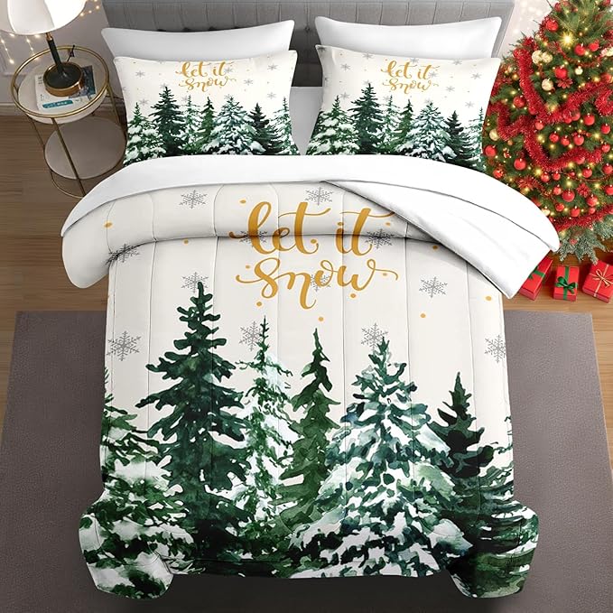 7 Pcs Queen Size Christmas Comforter Set with 2 Pillowcases & 2 Shams, Countryside Nature Snowy Bedding for Kids and Adults, Winter Forest Green Pine Tree Bed in a Bag with Flat Fitted Sheet