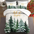 7 Pcs Queen Size Christmas Comforter Set with 2 Pillowcases & 2 Shams, Countryside Nature Snowy Bedding for Kids and Adults, Winter Forest Green Pine Tree Bed in a Bag with Flat Fitted Sheet