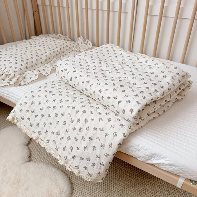 BuLuTu Pink Bellflower Print Muslin Cotton Quilted Blanket for Girls Boys Lightweight Soft Crib Blankets Toddler Comforter for Toddlers Kids Children, All Seasons, 47x59 Inches