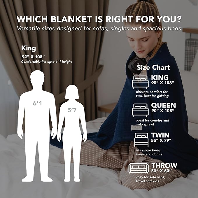 Goqan Muslin Blanket King Size 90x108 – 100% Cotton 4 Layer Boho Muslin Blanket for Adults, Lightweight, Soft, Breathable for Bed, Couch - Navy