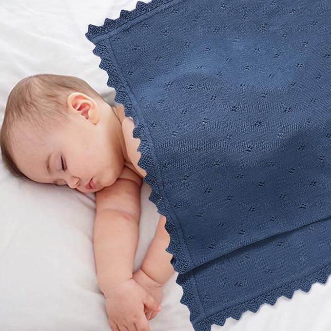 mimixiong Cotton Baby Blanket Knitted Crochet Receiving Crib Nursery Swaddling Blankets for Newborn Baby Boy Girl with The Bunny Rattle (Denim Blue)