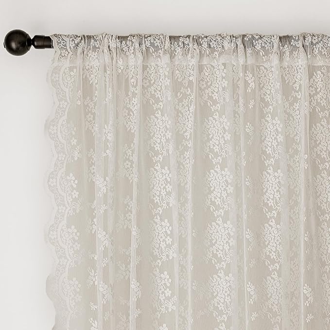 Anmao Vintage Lace Curtains 63 Inches Long 2 Panels Set, Romantic Elegant Light Filtering Semi Sheer Floral Thick Lacy Curtain Drapes for Living Room and Bedroom, Each Panel 55W x 63L, Beige Plum