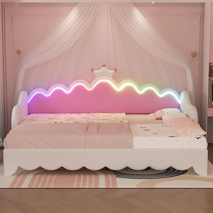 Merax Cute Princess Daybed with Crown Headboard and Light Strips, Twin Size Upholstered Day Bed Frame, Space-Saving Extending Pull Out Sofabed for Kids, Girls' Bedroom, Solid Wood Slats Support, White