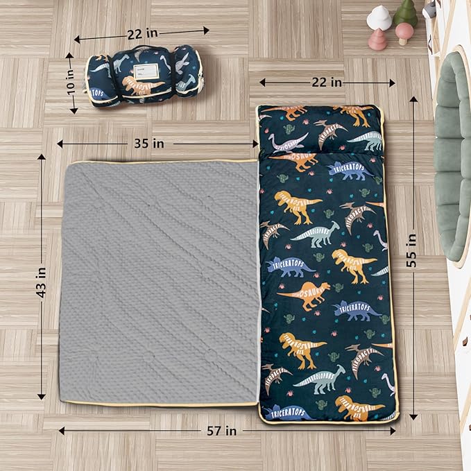 Primlect Toddler Nap Mat Extra Large Thickened 55''x35'', Soft Sleeping Bag with Detachable Minky Blanket and Pillow, Portable for Daycare, Preschool, Kindergarten, Travel, Boys and Girls