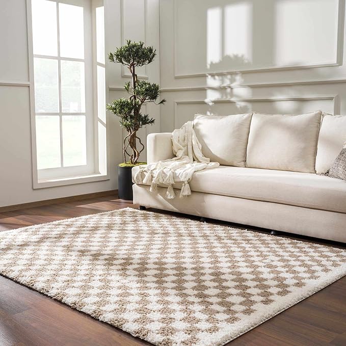 Hauteloom Kieu Contemporary Checkered Fluffy Shag Area Rug - Modern Geometric Soft Carpet Tiles for Living Room, Kids Room, Nursery - Gray, Taupe, White - 6'7" x 9'
