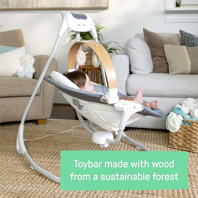 Ingenuity SimpleComfort Compact Baby Swing, Rotating Seat Swings in 3 Directions, 6 Speeds, 8 Melodies & 3 Nature Sounds, Ages 0-9 Months, Up to 20 Pounds - Parker