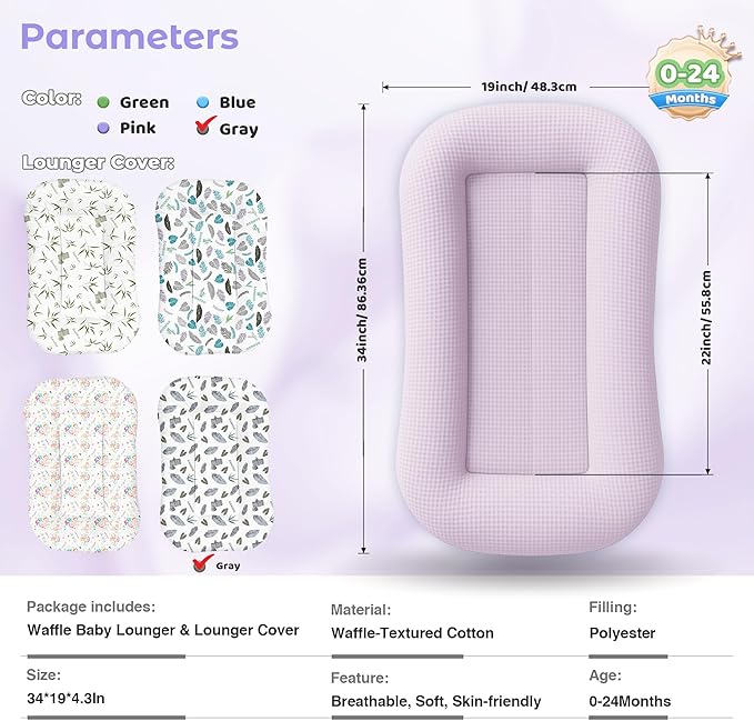Baby Lounger for Newborn - Infant Lounger 0-24 Months with Lounger Cover, Cooling Baby Nest Lounger, Breathable Waffle Fabric & 3D Support, Portable Newborn Essentials, Pink