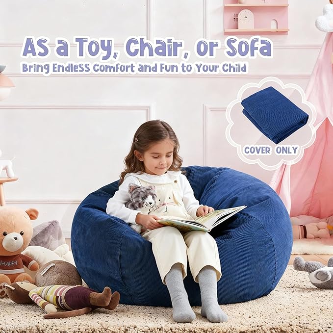 Nobildonna Bean Bag Chair Cover (No Filler) for Kids and Adults,Beanbag Stuffed Animal Storage Without Filling Plush Toys Holder and Organizer Soft Premium Corduroy 200L (Dark Blue)