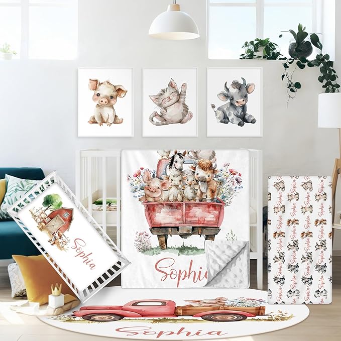 Personalized Baby Crib Bedding Set, 5 Pcs Custom Farm Animals Pattern Nurery Bedding Set for Boys and Girls, Baby Blanket with Dotted Backing, Newborns Infant & Toddler Customized Gifts