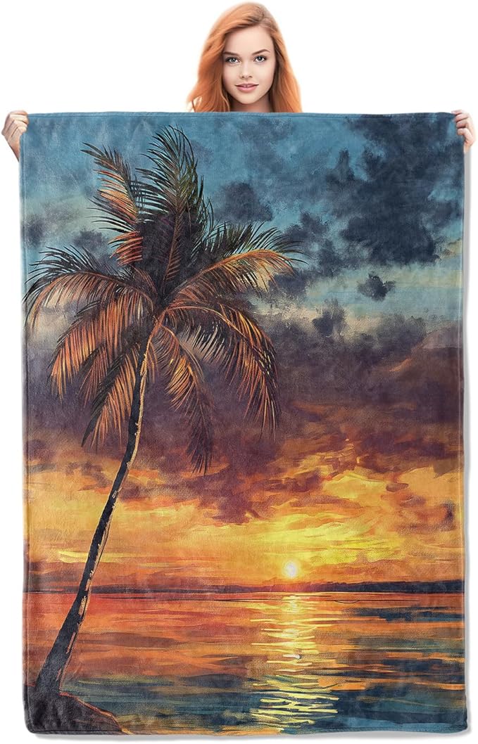 Palm Tree Blanket Gifts for Women Girls Adults Kids Soft Warm Lightweight Cozy Tropical Sunset Beach Ocean Throw Blankets for Bed Sofa Couch Living Room Decor 50x60in