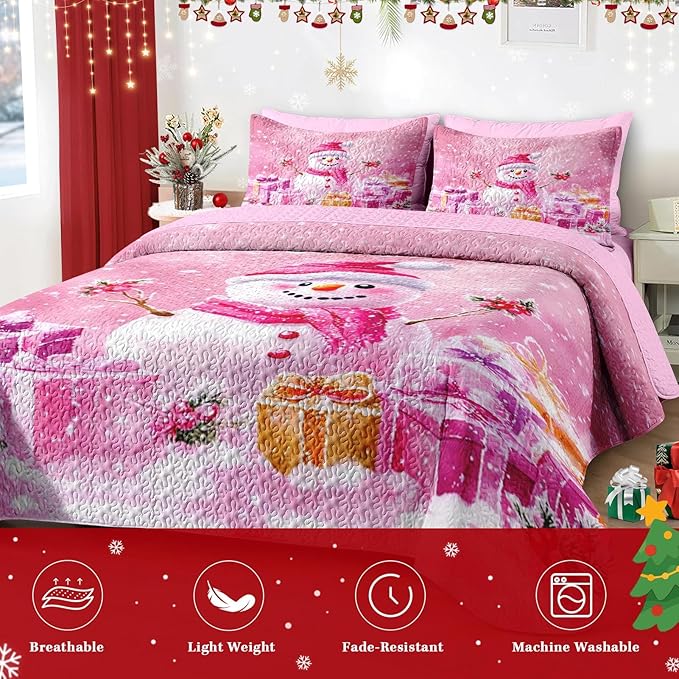 Christmas King Size Quilt Set, Pink Funny Snowman Lightweight Bedspread Coverlet with Pillow Shams for Kids and Adults, Surprise Gift 3 Pcs Bedding Bed Cover