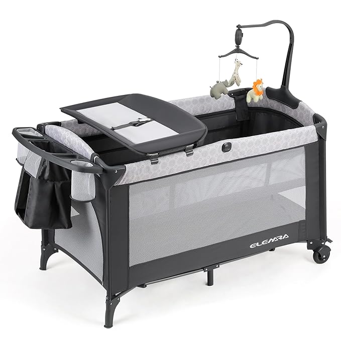 ELEMARA 50" Babies Bassinet Bedside Crib with Diaper Changer，Pack and Play with Mattress and Blackout Cover for Baby，4 in 1 Playpen Travel Bed with Storage,Playard with Adjustable Height
