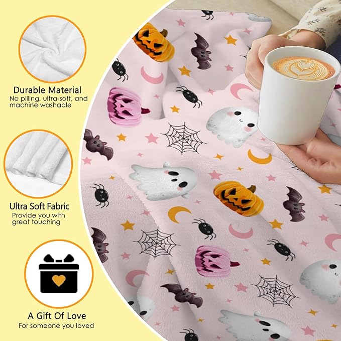Cute Ghost Blanket for Boys Girls - Halloween Decor for Couch/Bed/Living Room - Ultra Soft Blanket Home Decor for All Seasons - 90"x120"-Familys/King Size