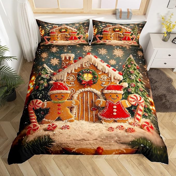 Feelyou Cute Gingerbread Man Duvet Cover King Size Cartoon Christmas Bedding Set for Boys Girls New Year Holiday Comforter Cover Reversible Xmas Decor Bedroom Decor 3Pcs