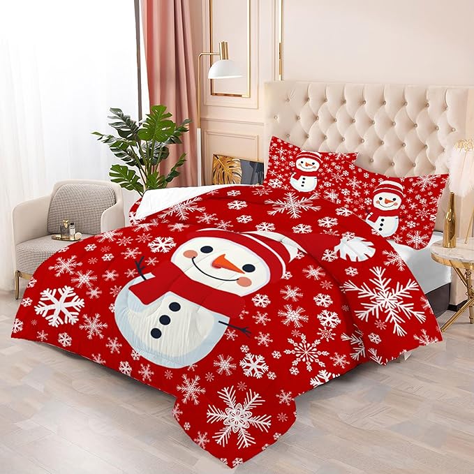 Christmas Comforter Set Queen: Christmas Snowman Red Bedding Sets for Teen Girls Women Bedroom Decor Xmas Snowflakes Quilt Winter Snow Duvet Bed Set 1 Comforter & 2 Pillowcases