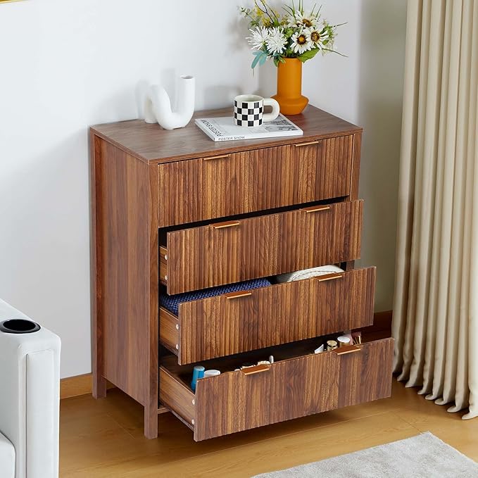 4 Drawer Double Dressers for Bedroom with Waveform Fluted Panel Design, Modern Wide Chest of Drawers,Wood Storage Dresser Chest of Drawers for Bedroom Living Room Hallway Closet,Walnut 2 Sets