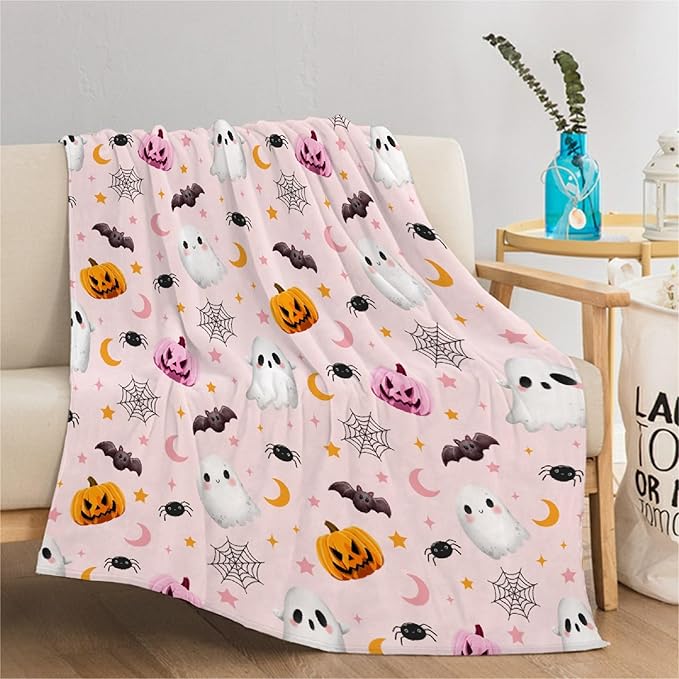 Halloween Ghost Pumpkin Blanket - Cute Decor for Couch, Sofa, Bed, Living Rooms - Gifts for Girls Boys - 40"x50" Kids/Throw Size