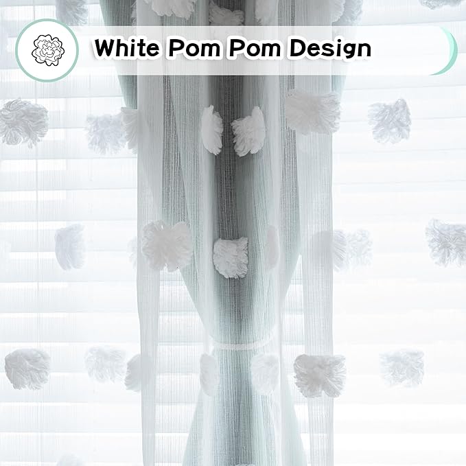 MYSKY HOME Aqua Curtains for Bedroom 54 Inch Long Double Layer Curtains for Kids Room Kithen White Pom Pom Sheer Nursery Curtains Short Grommet Room Darkening Small Window Curtains 2 Panels 52" x 54"