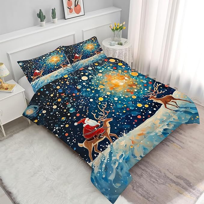 Christmas Comforter Set Twin: Blue Galaxy Bedding Twin Size for Kids Girls Bedroom Festival Santa Claus Deer Moon Quilt Set 1 Comforter & 1 Pillowcase
