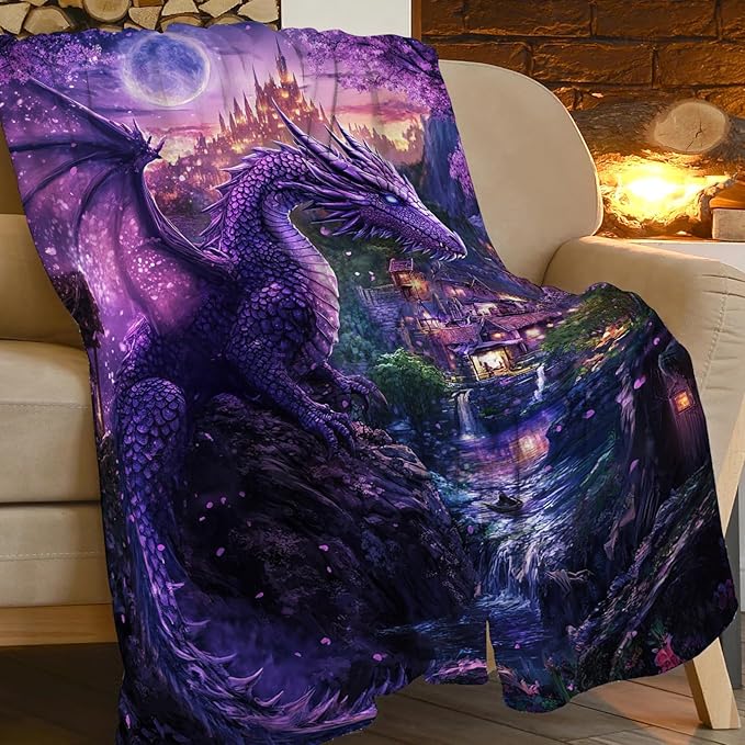 Dragon Blanket Purple Throw Blankets for Girls Boys Soft Warm Cool Mysterious Castle Throws Flannel Fleece Plush Animal Gifts for Kids Men Women Adults for Bed Sofa Bedding Decor 60"x50"