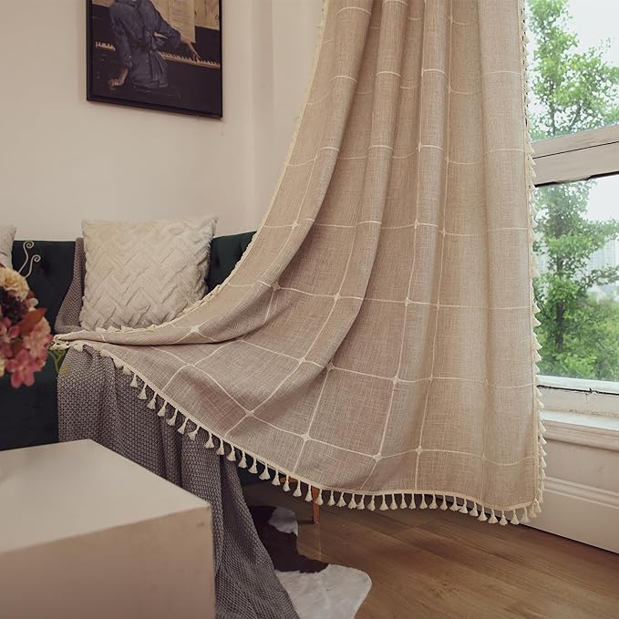 Deeprove Boho Curtains 63 Inches Length for Kitchen, Bohemian Lattice Gingham Chic Textured Embroidery Plaids, Vintage Tassels Country Decor Drapery, Rod Pocket, 1 Panel W52 x L63, Natural Linen