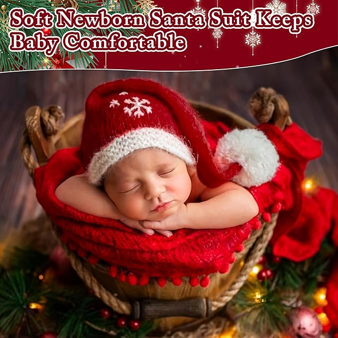 M&G House Christmas Newborn Photography Props Crochet Santa Claus Red Romper Hat Baby Photo Outfits Handmade Knitted Newborn Costume Photoshoot Props Christmas Gift