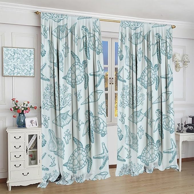 Turtle Starfish Curtains,Coral Starfish Seashell Beach Sea Seashell Theme Pattern Blackout Print Home Bedroom Living Room Window Treatmen 2 Panel Set 42x45 Inch