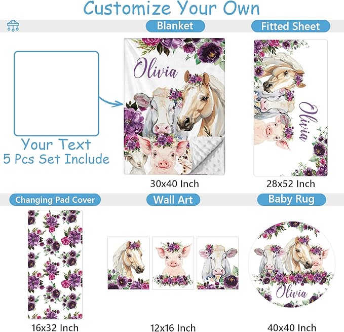 Personalized Baby Crib Bedding Set, 5 Pcs Custom Name Baby Crib Set with Floral Animals, Baby Girls Nursery Bedding Sets, Double Layer Blanket, Newborns Infants Toddlers Customized Gifts