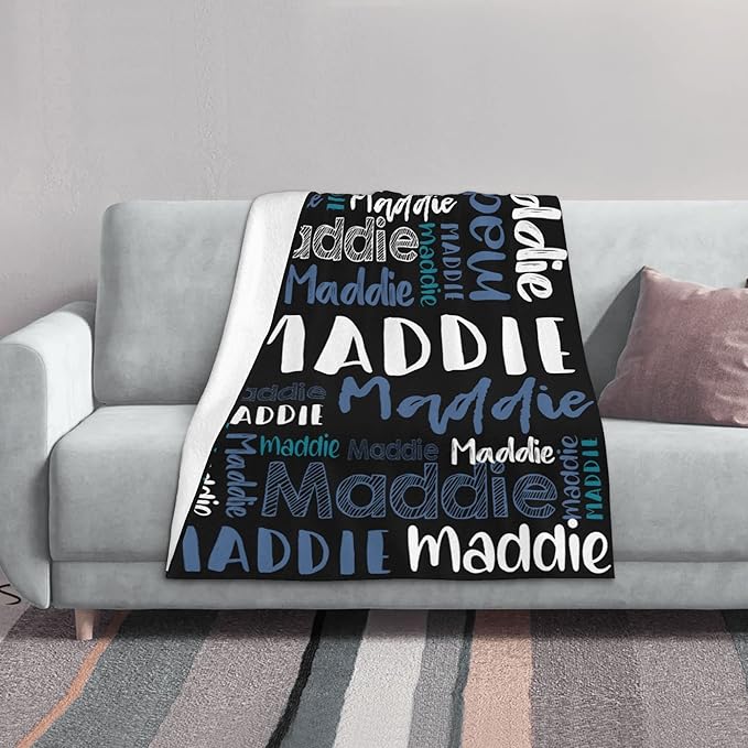 Dr.TOUGH Personalized Blankets with Name Customized Baby Blankets for Girls Boys Adults Personalized Name Blanket for Kids Adults (Black-Blue,50''×60'')
