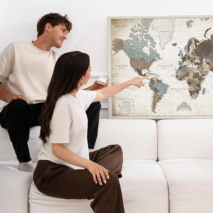 Canvas World Map with Cork Pin Board - English Lettering - Decorative Wall Decoration for All Rooms - Canvas Pictures with World Map Motif (150x100 cm, Pattern 25)