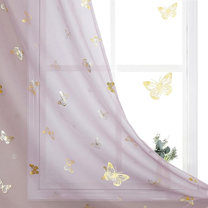 Jubilantex lila Sheer Curtain with Gold Butterfly Pattern for Kids Room, Linen Textured Rustic Metallic Print 95 Inch Rod Pocket Window Drapes for Girls Bedroom Living Room, 2 Panels
