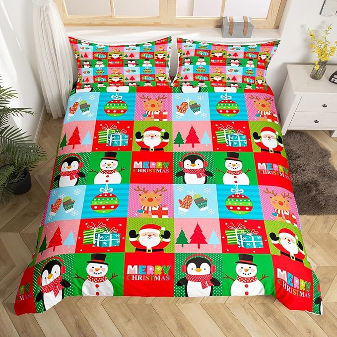 Christmas Bedding Set for Kids Boys Girls Santa Claus Christmas Tree Comforter Cover Set Colorful Geometric Grid Duvet Cover Bedroom Decor Xmas Theme Bedspread Cover Queen Size Bedding Collection 3Pcs