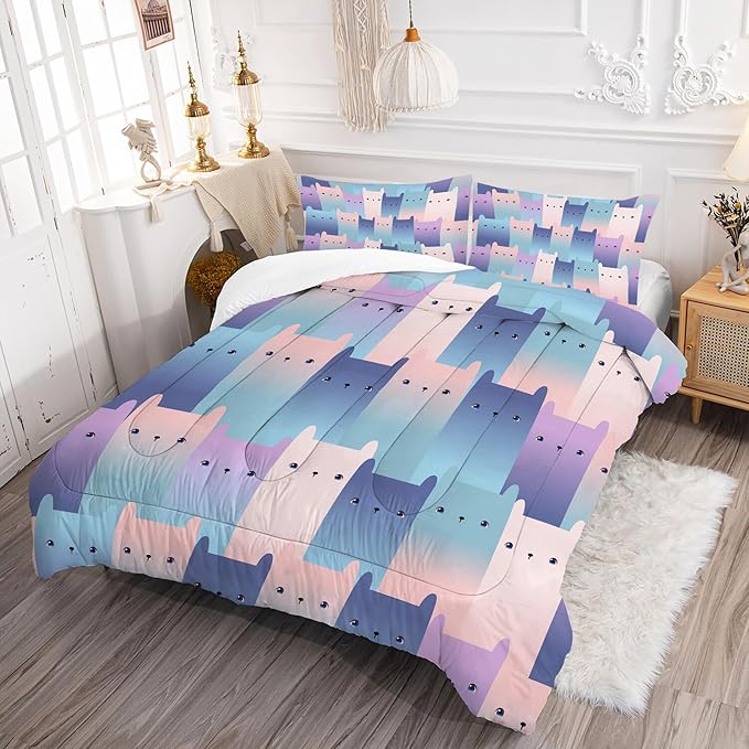 Cat Comforter Set King: Blue Purple Kawaii Cats Bedding Set for Women Men Adults King Size Gradient Cat Quilts Cute Pink Kitten Bed Sets 1 Comforter & 2 Pillowcases