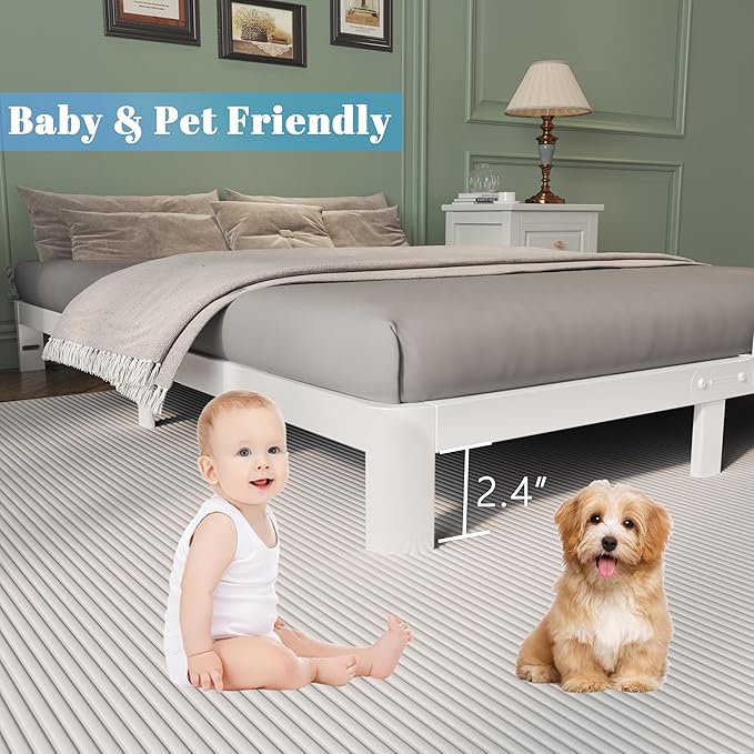 Queen Bed Frame 4 Inch White, Metal Bed Frame Queen Size with Baffles, No Box Spring Needed, Heavy Duty Steel Platform Support, Rounded Corner Design, Noise Free, Easy Assembly