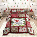 Castle Fairy Merry Christmas Comforter Set King Size,Xmas Patchwork Watercolor Cardinal Bird Bedding Set All Season Quilt Set,Floral Leaves Snowflakes Plaid Microfiber Polyester Down Comforter