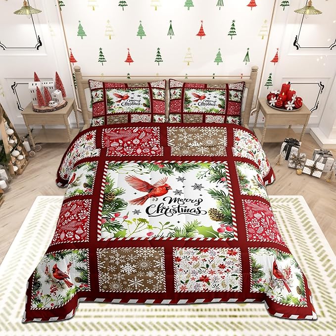 Castle Fairy Merry Christmas Comforter Set King Size,Xmas Patchwork Watercolor Cardinal Bird Bedding Set All Season Quilt Set,Floral Leaves Snowflakes Plaid Microfiber Polyester Down Comforter