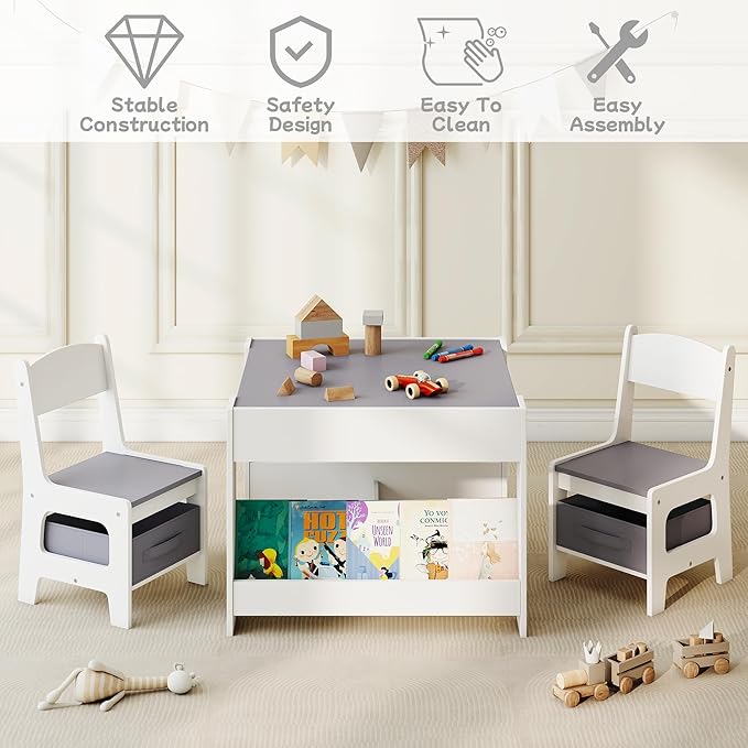 Kids Table and Chair Set, 4 in 1 Wooden Activity Table with Detachable Tabletop, Toddler Table and Chair Set with Storage Drawer/Bookshelves, Kids Play Table for Art, Drawing, Eating, Reading