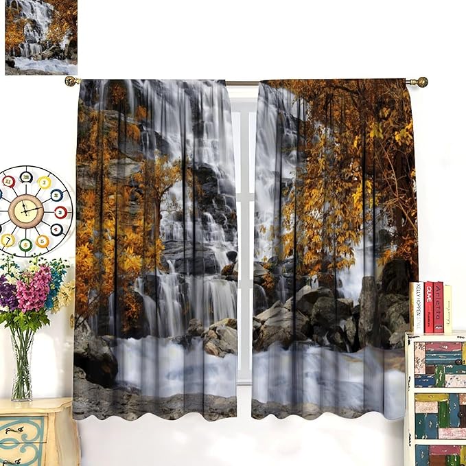 Autumn Tree Leaf Blackout Curtains, Landscape Nature Forest Lake Waterfall Rod Pocket Window Drapes, for Bedroom Living Room 55" W X 63" L