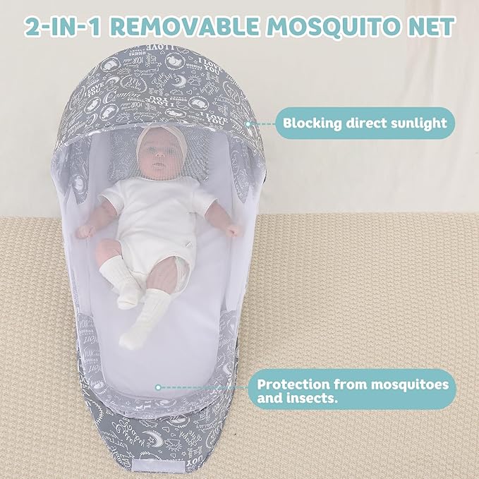 Portable Baby Lounger Bag, Foldabl Babies Nest with 2-in-1 Removable Mosquito Net, Infant Travel Nest Lounger, Easy Setup and Storage for Outdoors Indoors - Baby Registry(Gray)