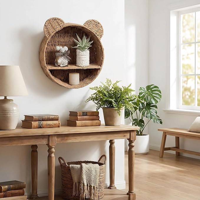 Bear-Shaped Rattan Wall Shelf – Handmade Woven Nursery Bookshelf for Kids Room, Boho Wall-Mounted Storage Organizer for Toys, Books & Décor